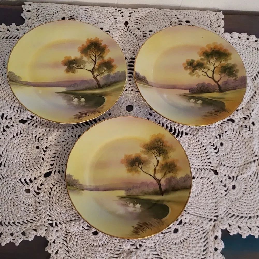 Vintage Set of 3 Noritake Handpainted Swan Plates